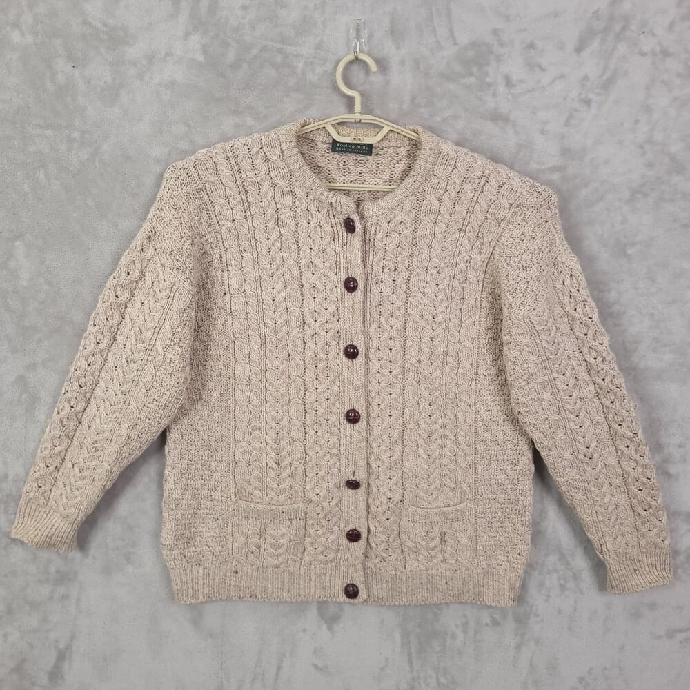 Blarney Woolen Mills Cardigan Sweater Size L Beige Cable Knit Pure Wool Button